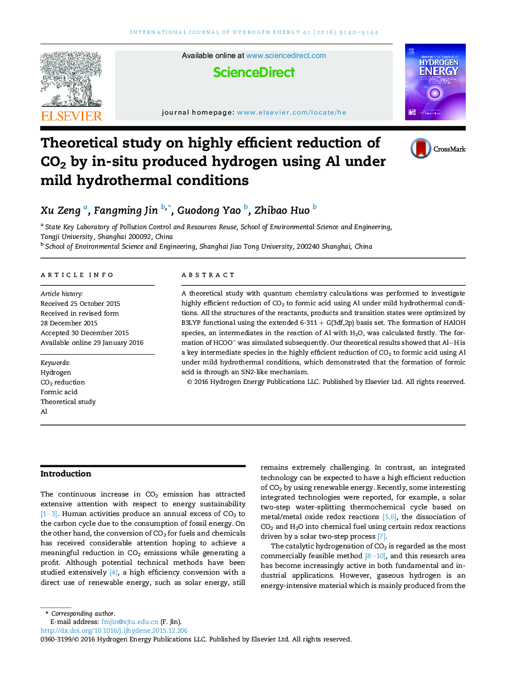 Theoretical study on highly efficient reduction of CO2 by in-situ produced hydrogen using Al under mild hydrothermal conditions