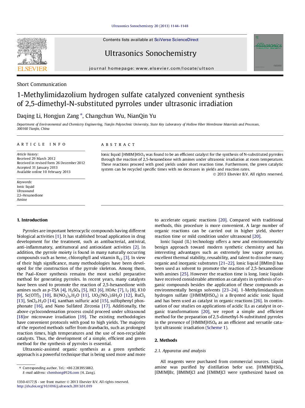 1-Methylimidazolium hydrogen sulfate catalyzed convenient synthesis of 2,5-dimethyl-N-substituted pyrroles under ultrasonic irradiation