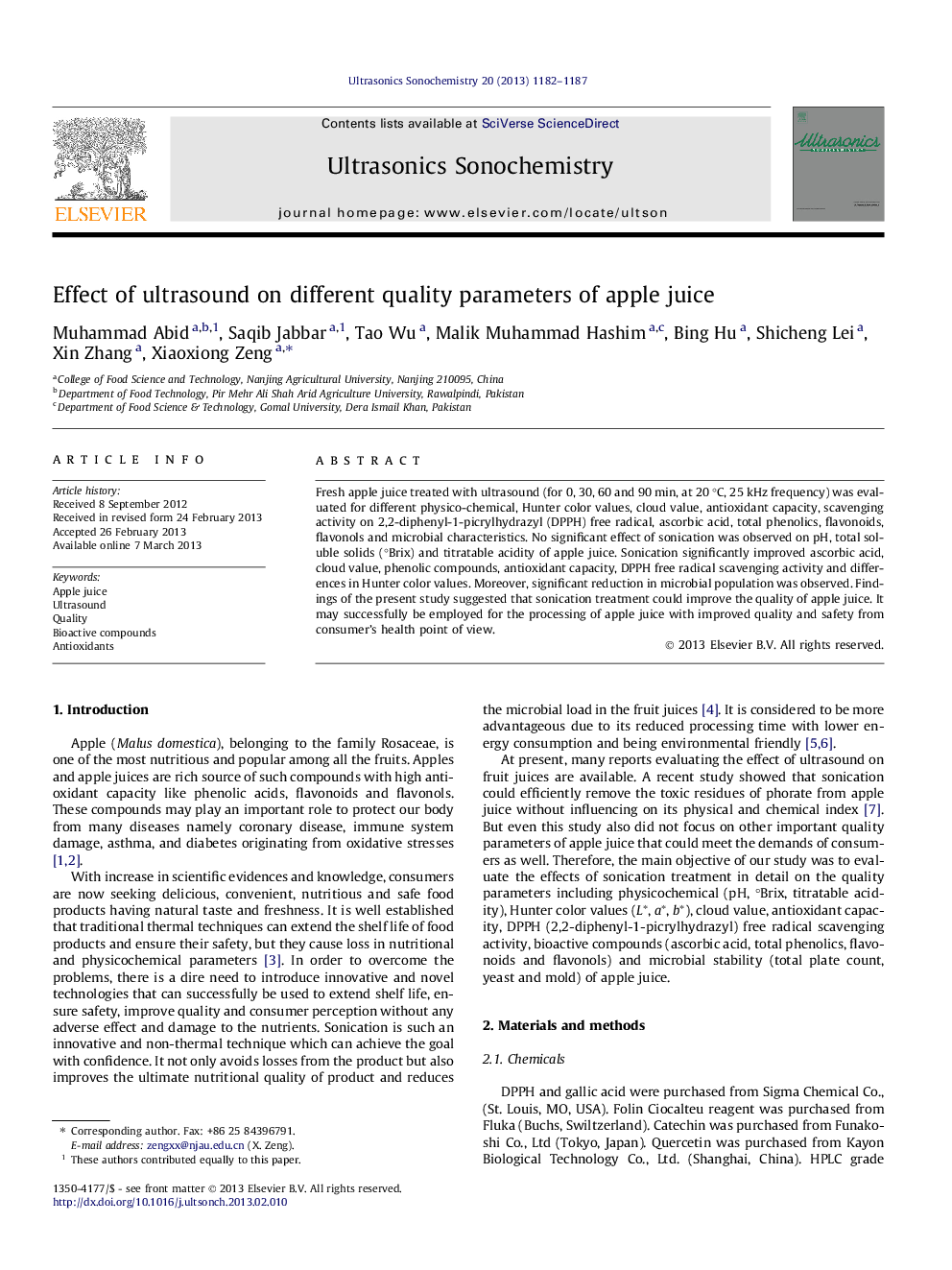 Effect of ultrasound on different quality parameters of apple juice