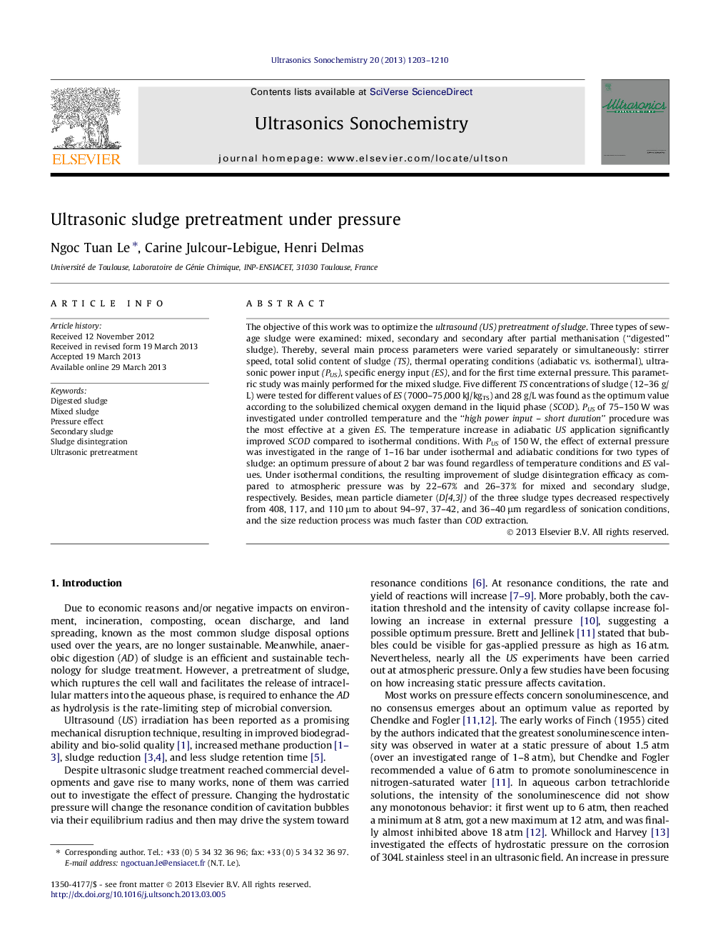 Ultrasonic sludge pretreatment under pressure