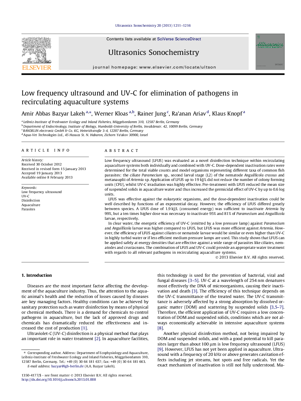 Low frequency ultrasound and UV-C for elimination of pathogens in recirculating aquaculture systems