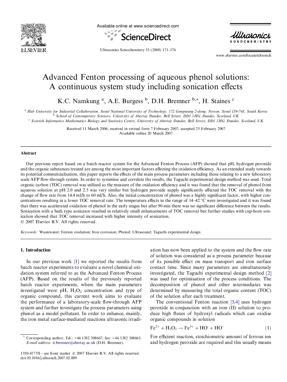 Advanced Fenton processing of aqueous phenol solutions: A continuous system study including sonication effects