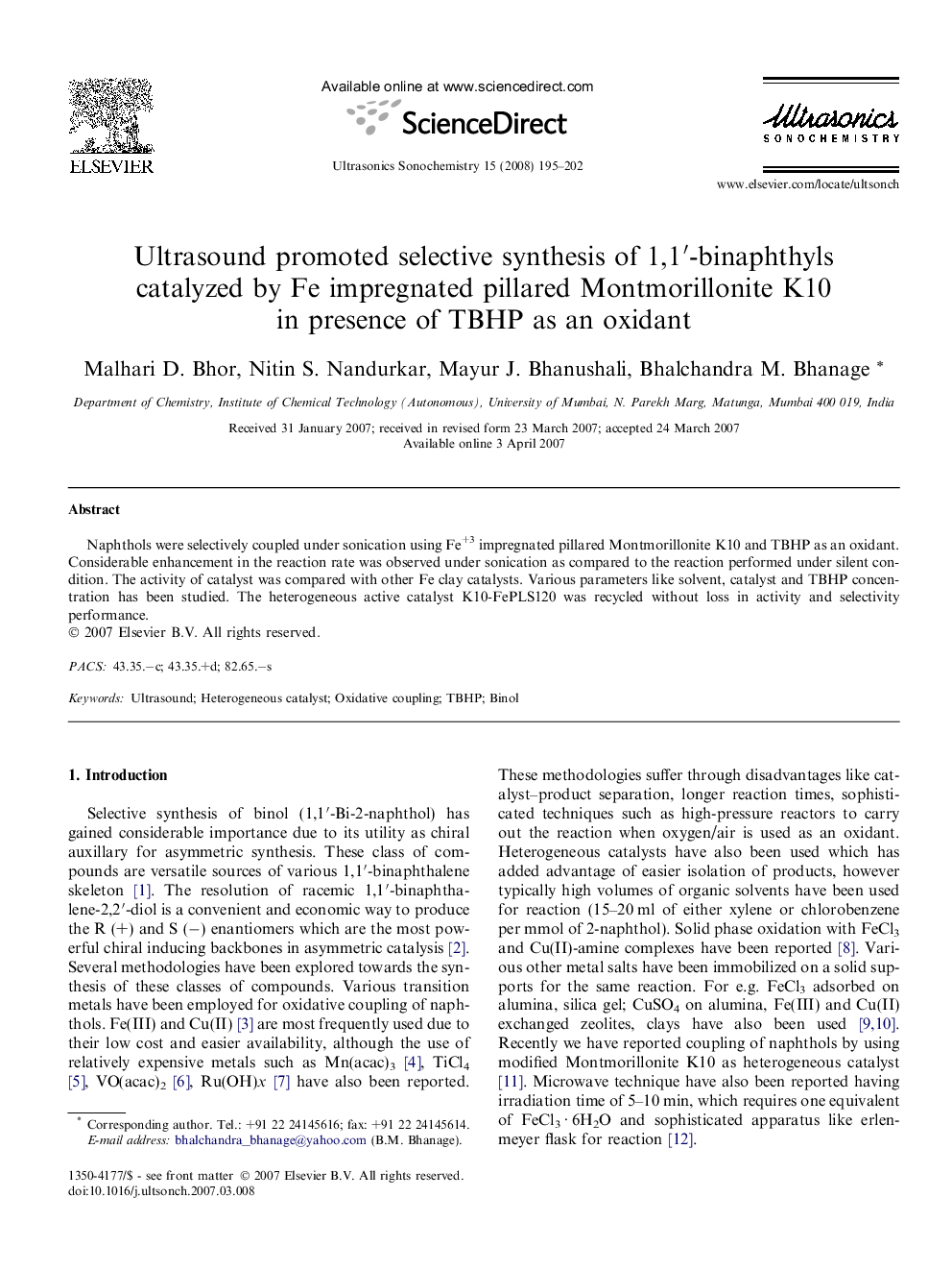 Ultrasound promoted selective synthesis of 1,1′-binaphthyls catalyzed by Fe impregnated pillared Montmorillonite K10 in presence of TBHP as an oxidant