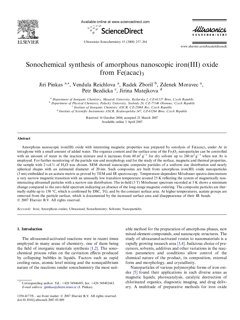 Sonochemical synthesis of amorphous nanoscopic iron(III) oxide from Fe(acac)3