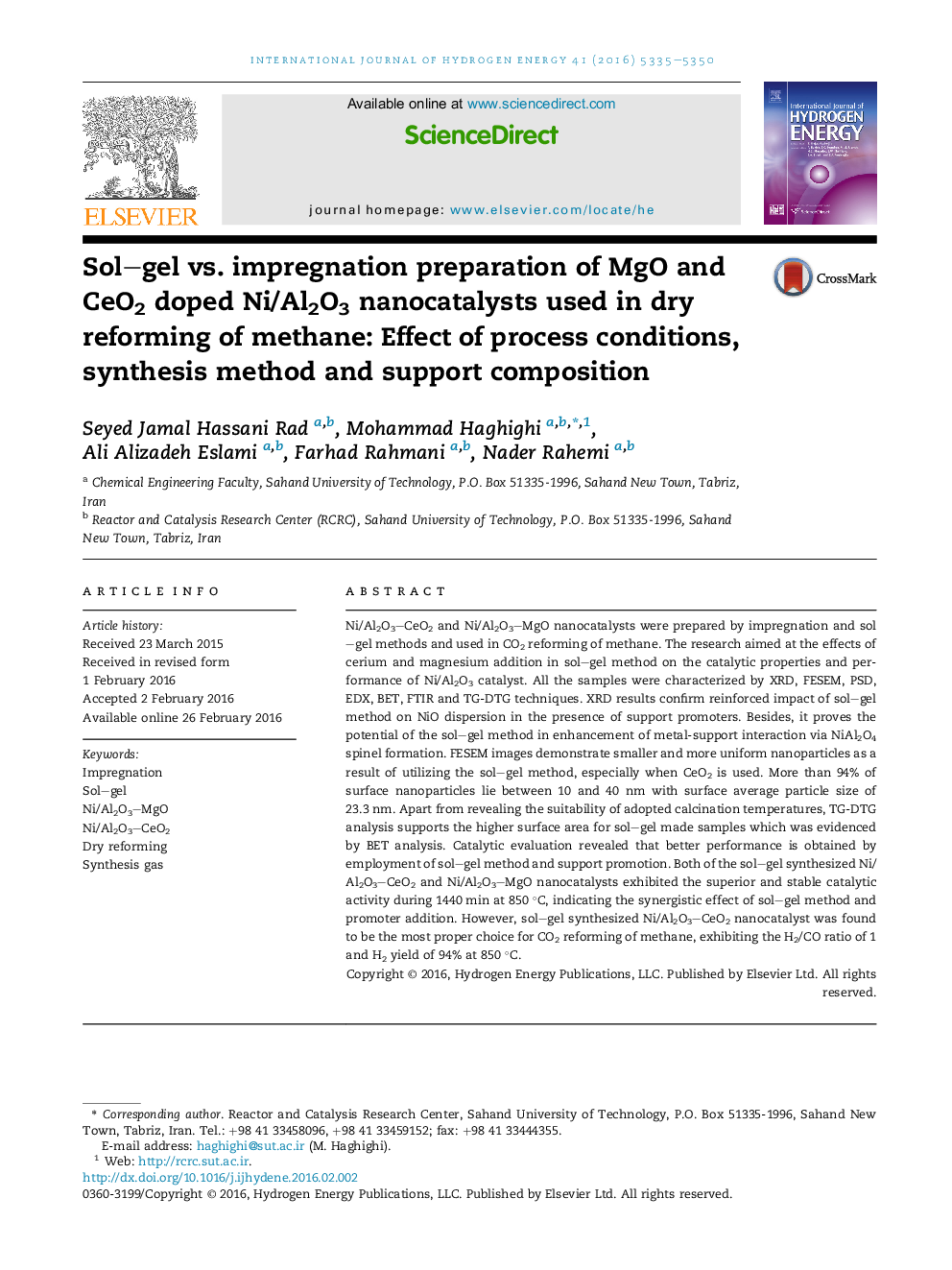 Sol–gel vs. impregnation preparation of MgO and CeO2 doped Ni/Al2O3 nanocatalysts used in dry reforming of methane: Effect of process conditions, synthesis method and support composition