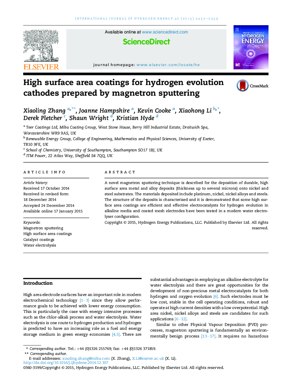 High surface area coatings for hydrogen evolution cathodes prepared by magnetron sputtering