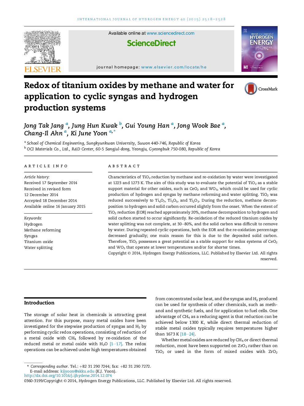 Redox of titanium oxides by methane and water for application to cyclic syngas and hydrogen production systems