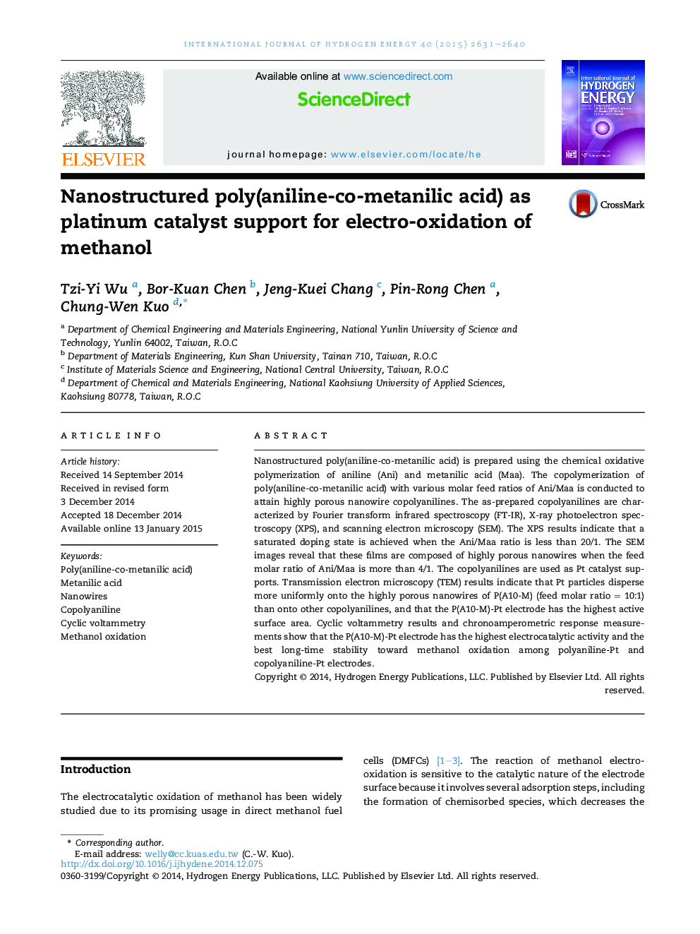 Nanostructured poly(aniline-co-metanilic acid) as platinum catalyst support for electro-oxidation of methanol