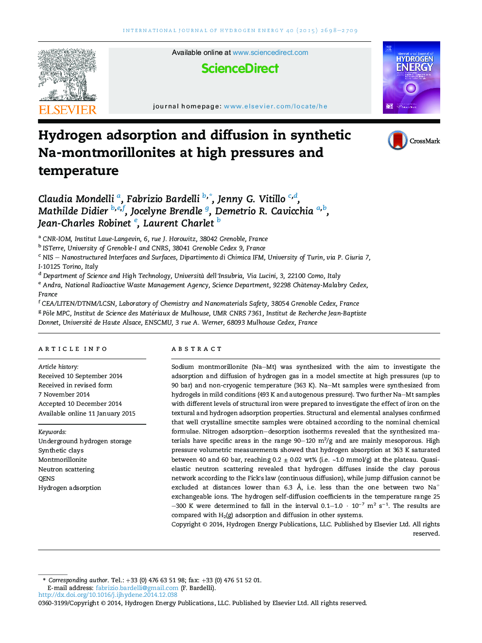 Hydrogen adsorption and diffusion in synthetic Na-montmorillonites at high pressures and temperature