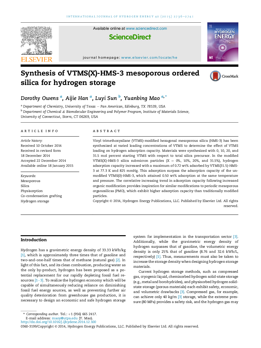 Synthesis of VTMS(X)-HMS-3 mesoporous ordered silica for hydrogen storage