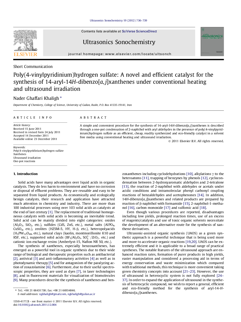 Poly(4-vinylpyridinium)hydrogen sulfate: A novel and efficient catalyst for the synthesis of 14-aryl-14H-dibenzo[a,j]xanthenes under conventional heating and ultrasound irradiation