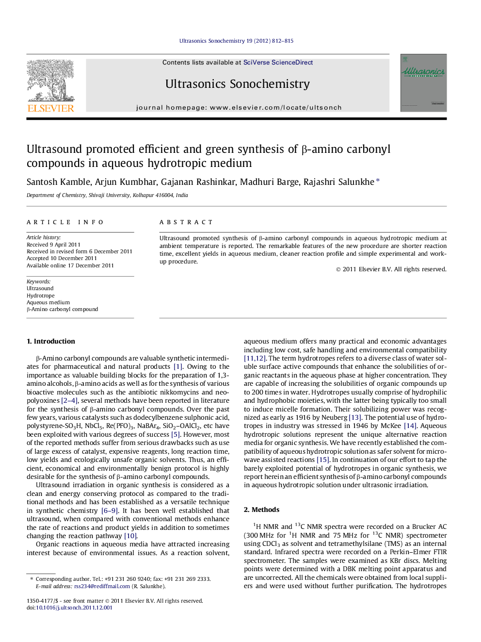 Ultrasound promoted efficient and green synthesis of β-amino carbonyl compounds in aqueous hydrotropic medium