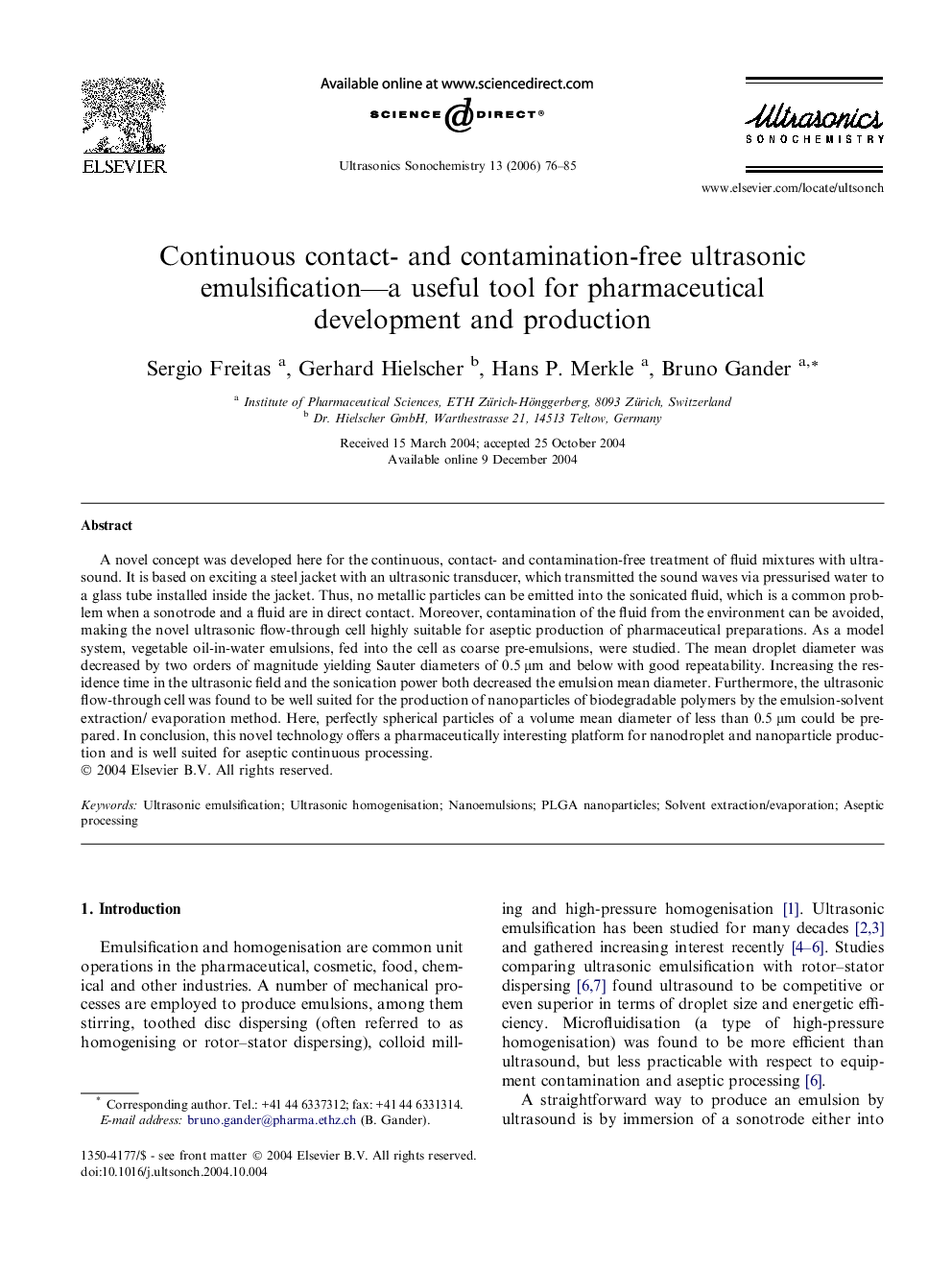 Continuous contact- and contamination-free ultrasonic emulsification—a useful tool for pharmaceutical development and production