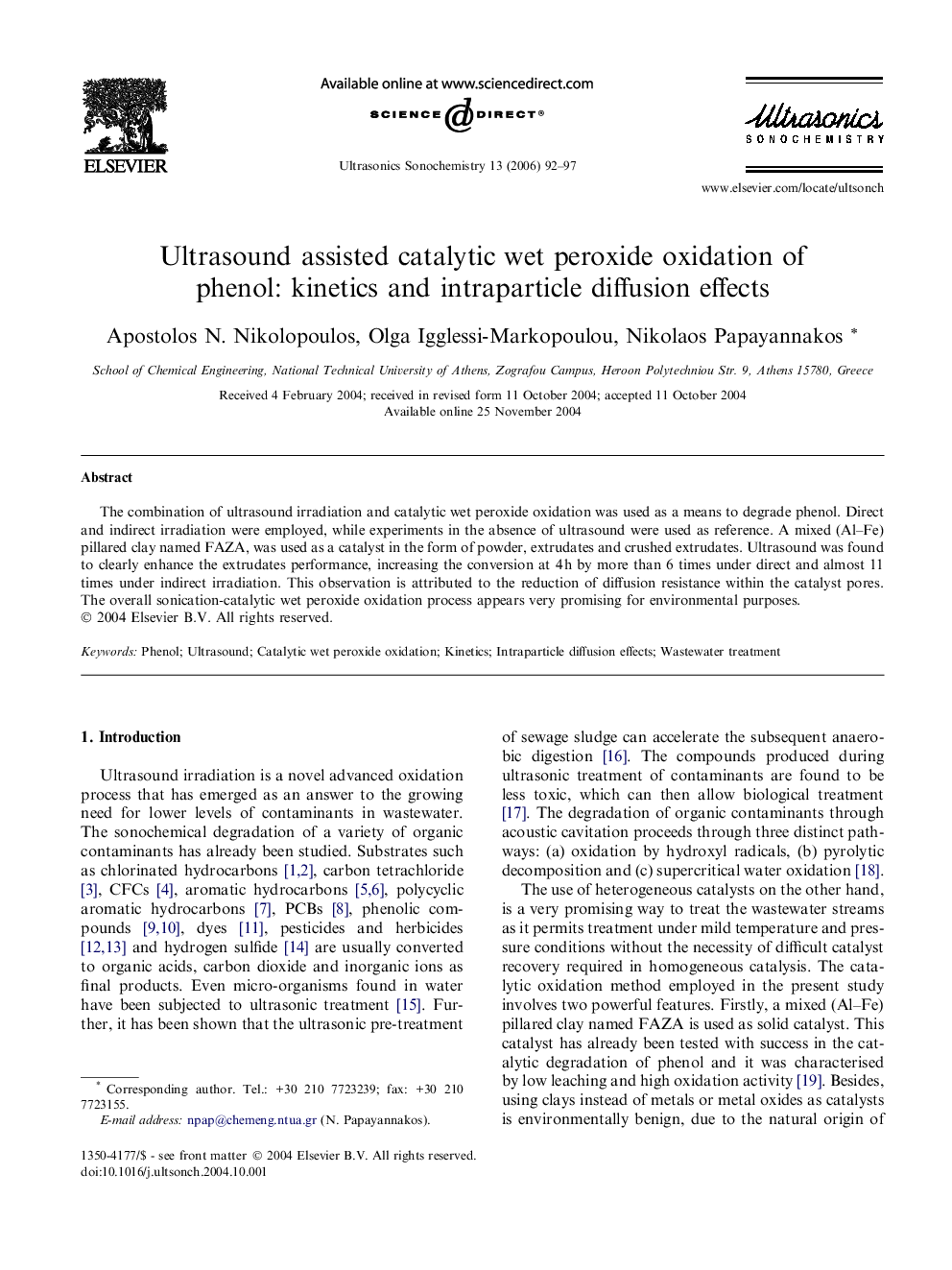 Ultrasound assisted catalytic wet peroxide oxidation of phenol: kinetics and intraparticle diffusion effects