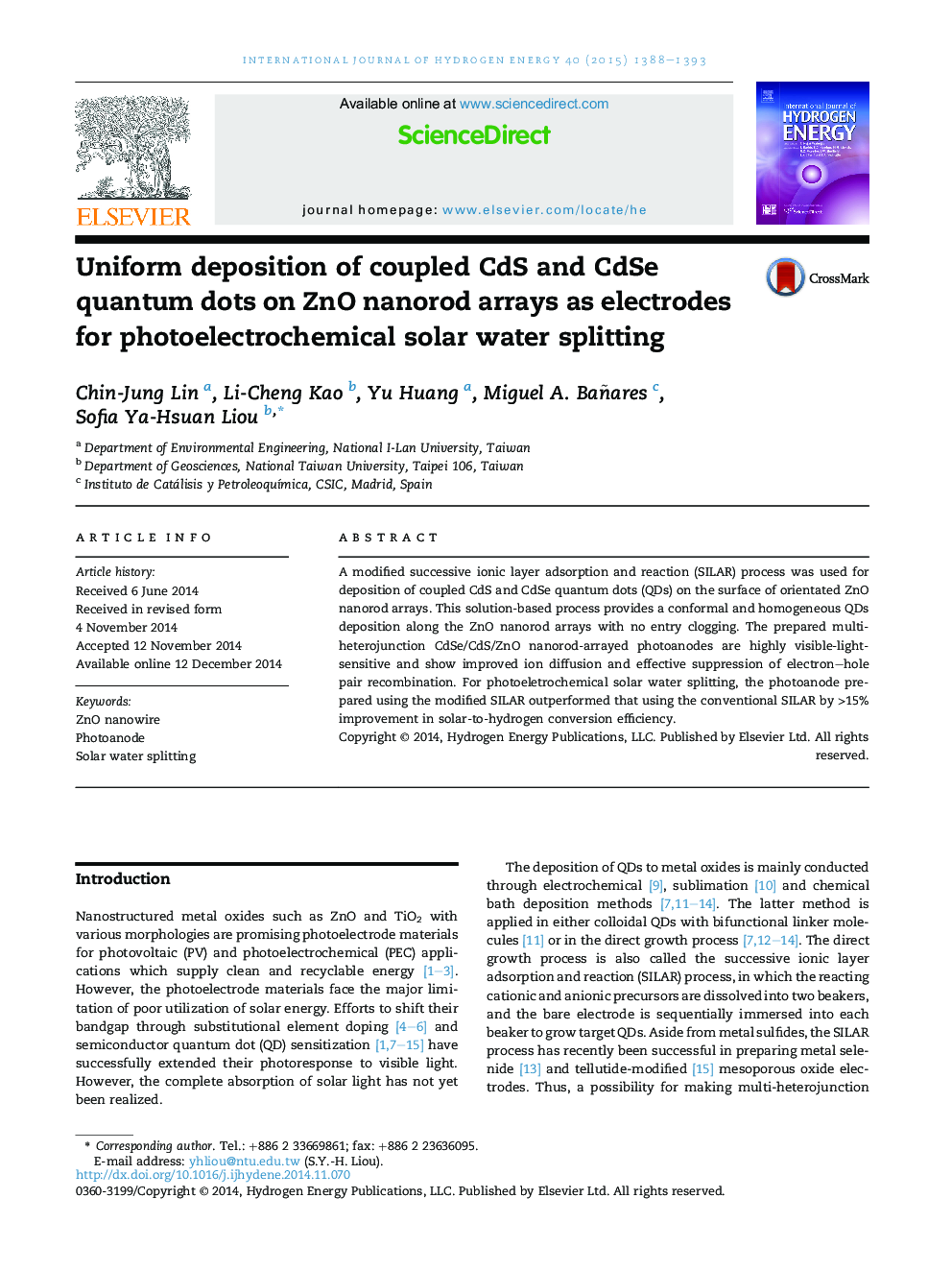 Uniform deposition of coupled CdS and CdSe quantum dots on ZnO nanorod arrays as electrodes for photoelectrochemical solar water splitting