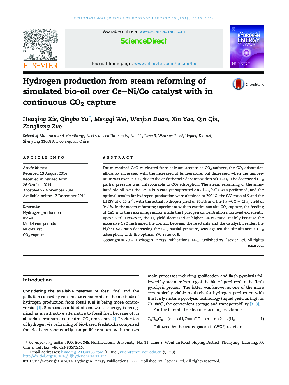 Hydrogen production from steam reforming of simulated bio-oil over Ce–Ni/Co catalyst with in continuous CO2 capture