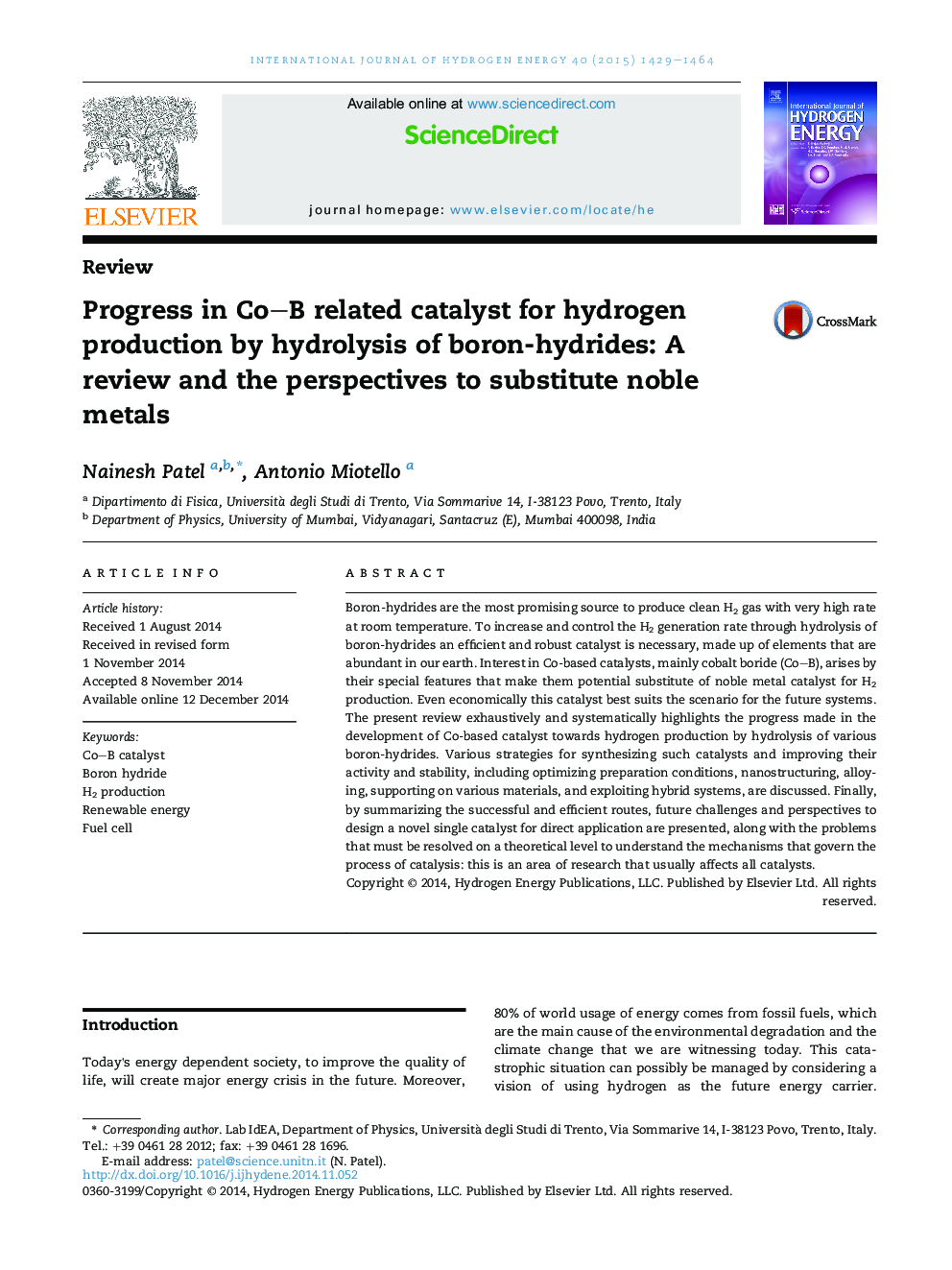 Progress in Co–B related catalyst for hydrogen production by hydrolysis of boron-hydrides: A review and the perspectives to substitute noble metals