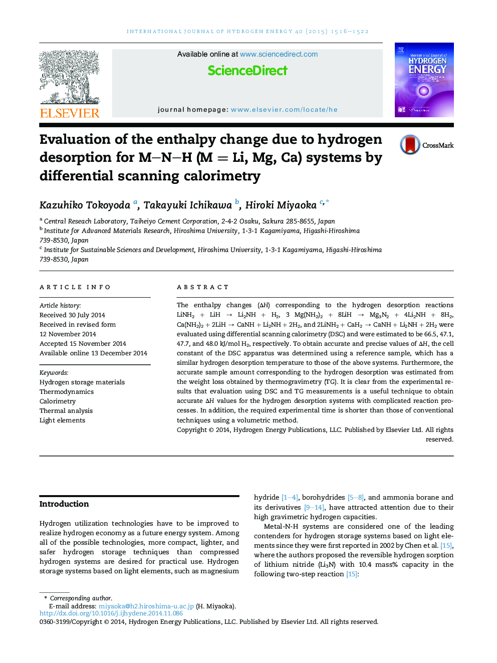 Evaluation of the enthalpy change due to hydrogen desorption for M–N–H (M = Li, Mg, Ca) systems by differential scanning calorimetry