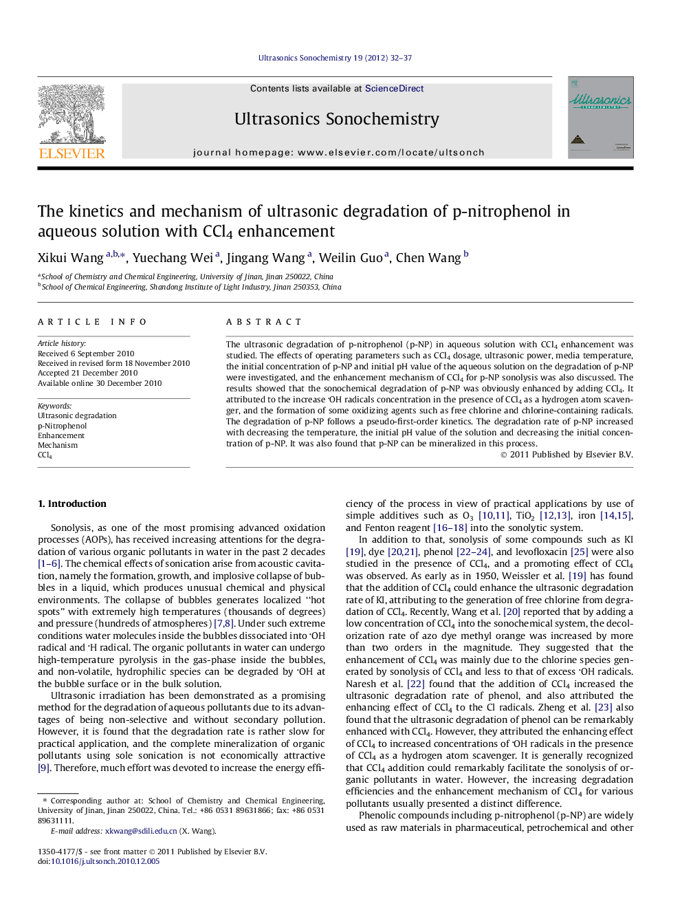 The kinetics and mechanism of ultrasonic degradation of p-nitrophenol in aqueous solution with CCl4 enhancement