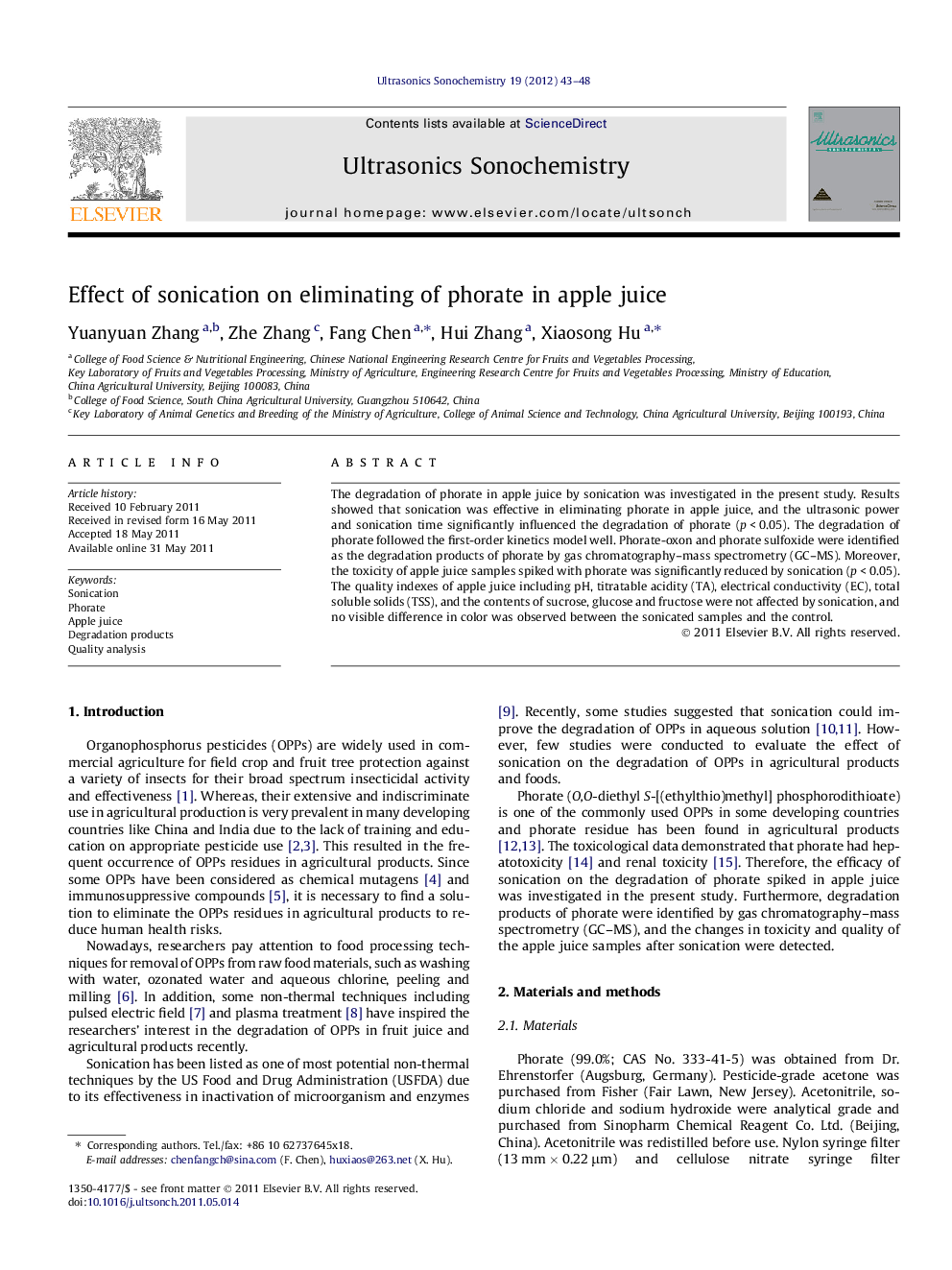 Effect of sonication on eliminating of phorate in apple juice