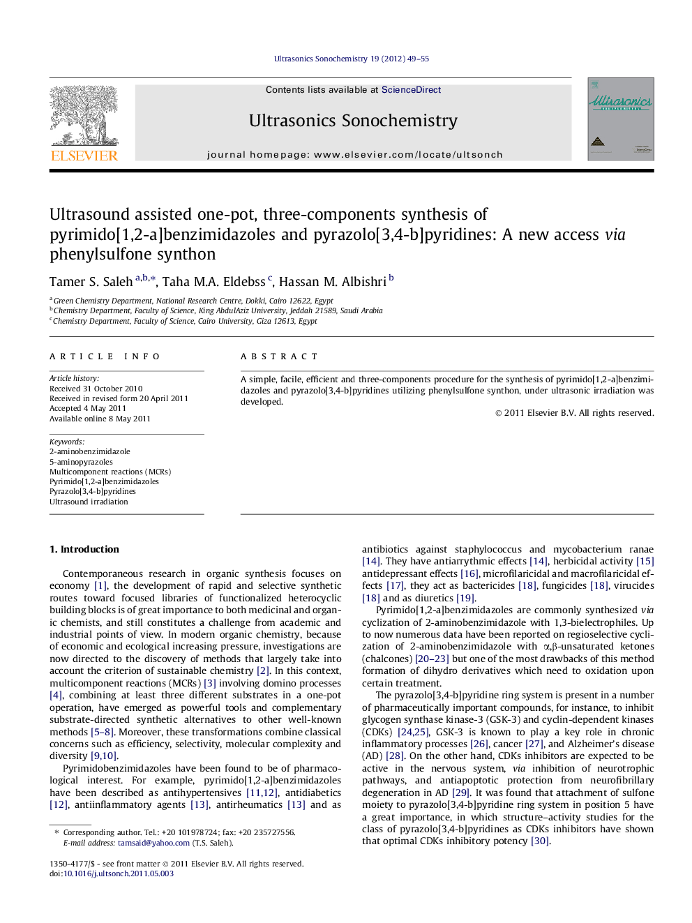 Ultrasound assisted one-pot, three-components synthesis of pyrimido[1,2-a]benzimidazoles and pyrazolo[3,4-b]pyridines: A new access via phenylsulfone synthon