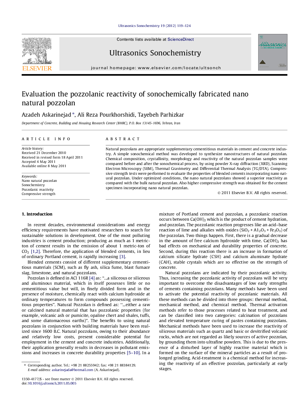 Evaluation the pozzolanic reactivity of sonochemically fabricated nano natural pozzolan