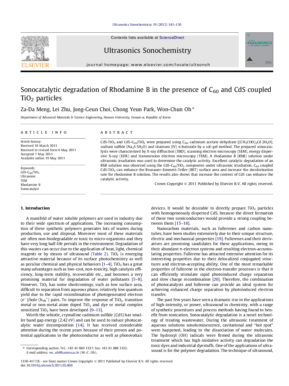 Sonocatalytic degradation of Rhodamine B in the presence of C60 and CdS coupled TiO2 particles