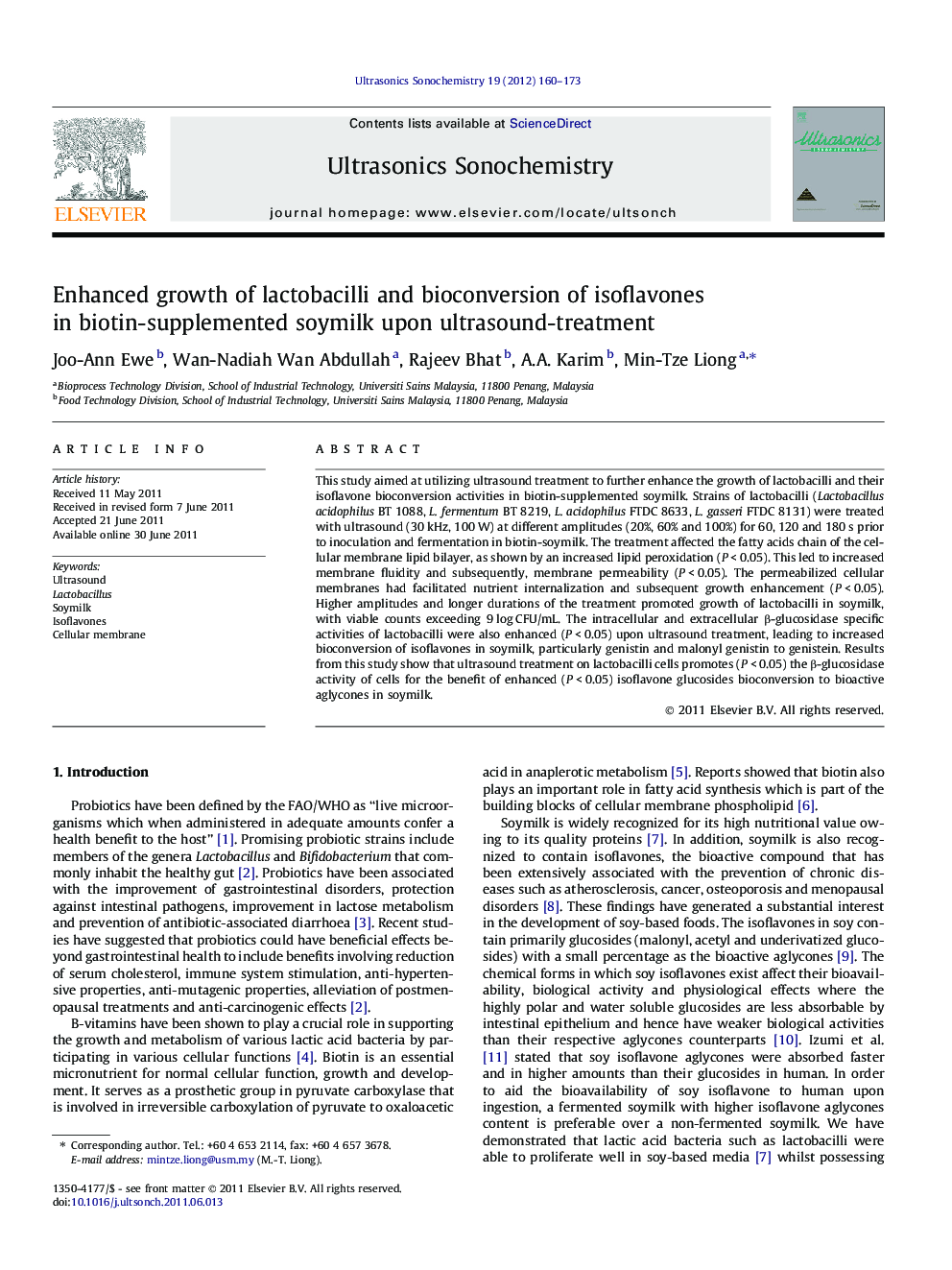 Enhanced growth of lactobacilli and bioconversion of isoflavones in biotin-supplemented soymilk upon ultrasound-treatment