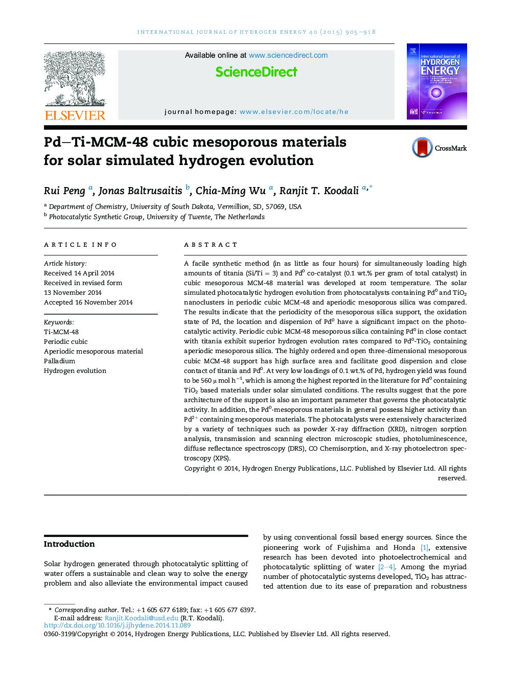 Pd–Ti-MCM-48 cubic mesoporous materials for solar simulated hydrogen evolution