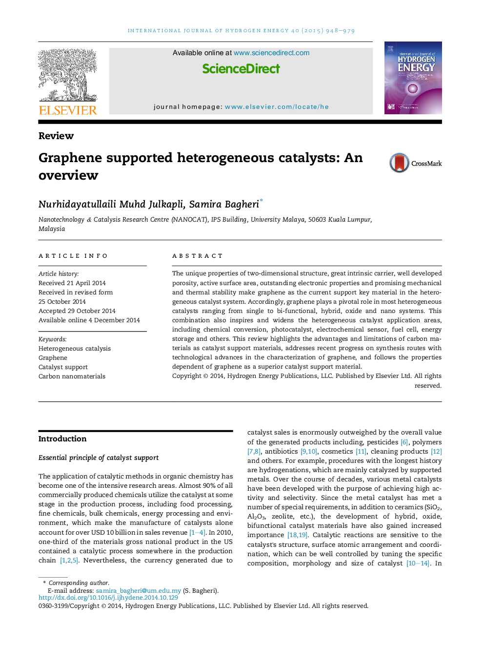 Graphene supported heterogeneous catalysts: An overview