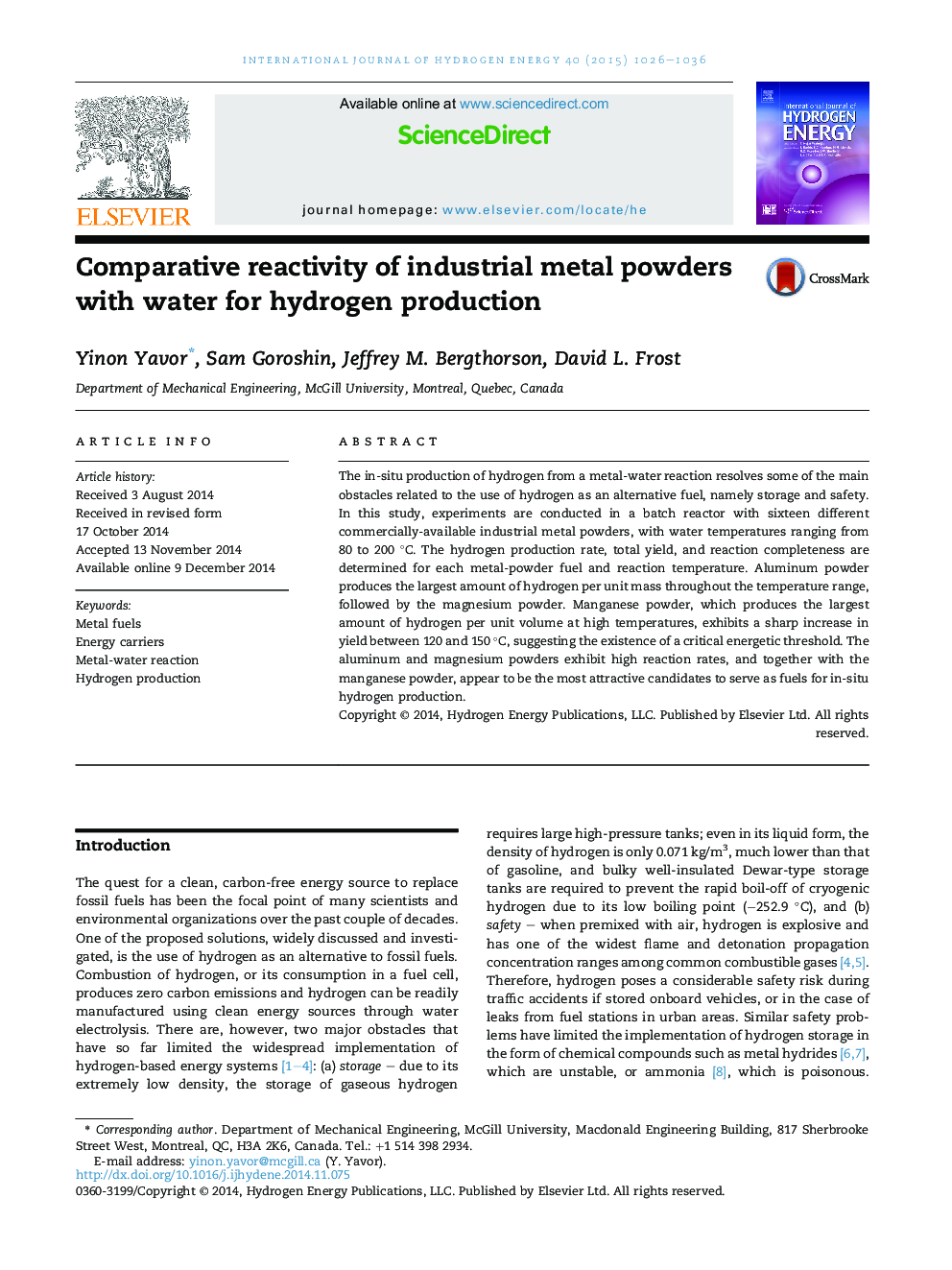 Comparative reactivity of industrial metal powders with water for hydrogen production