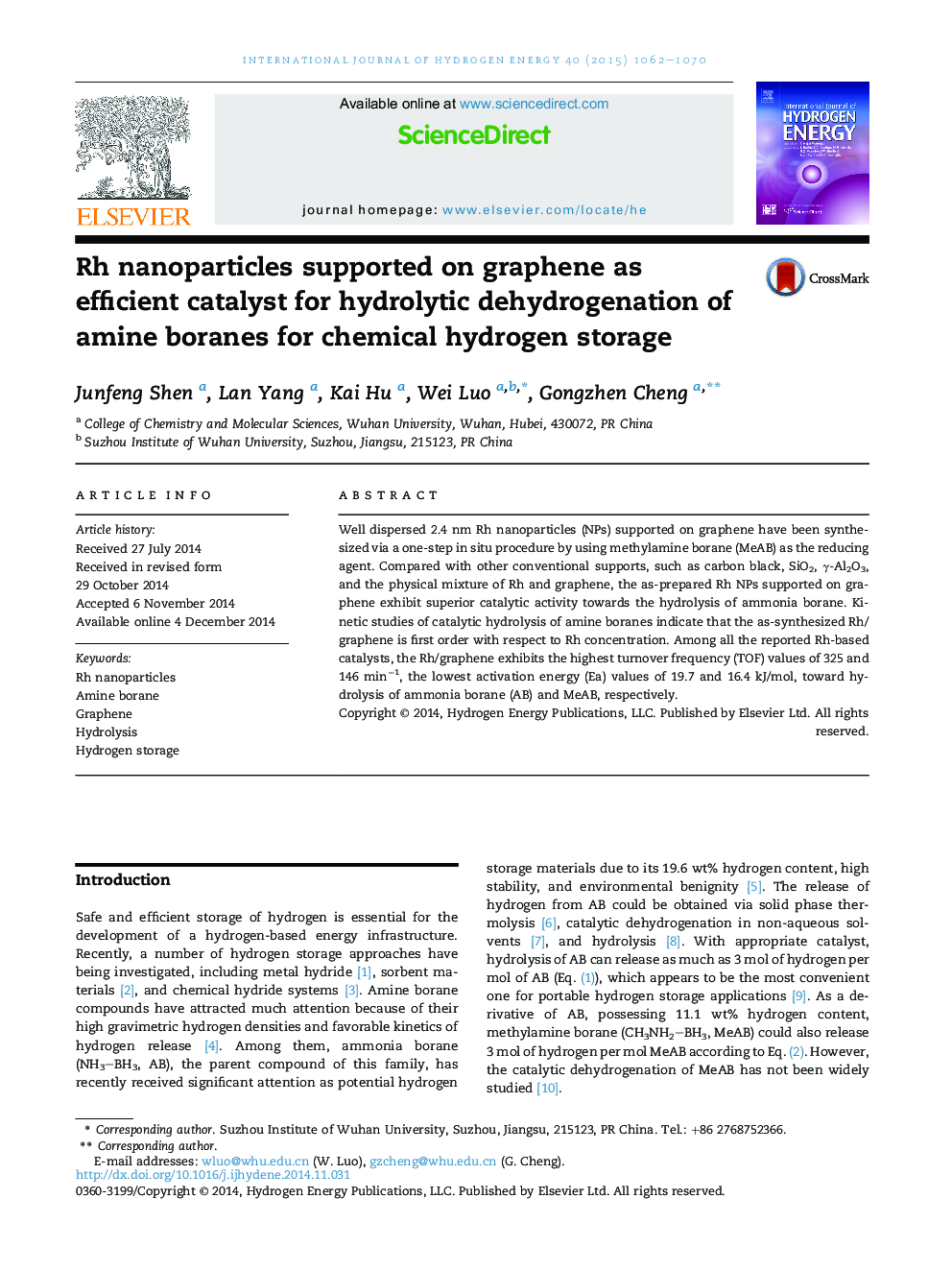 Rh nanoparticles supported on graphene as efficient catalyst for hydrolytic dehydrogenation of amine boranes for chemical hydrogen storage