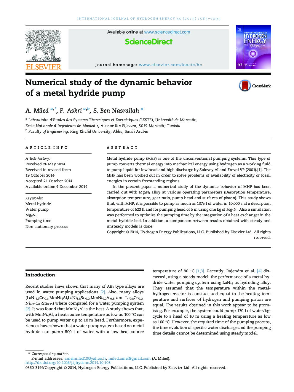 Numerical study of the dynamic behavior of a metal hydride pump