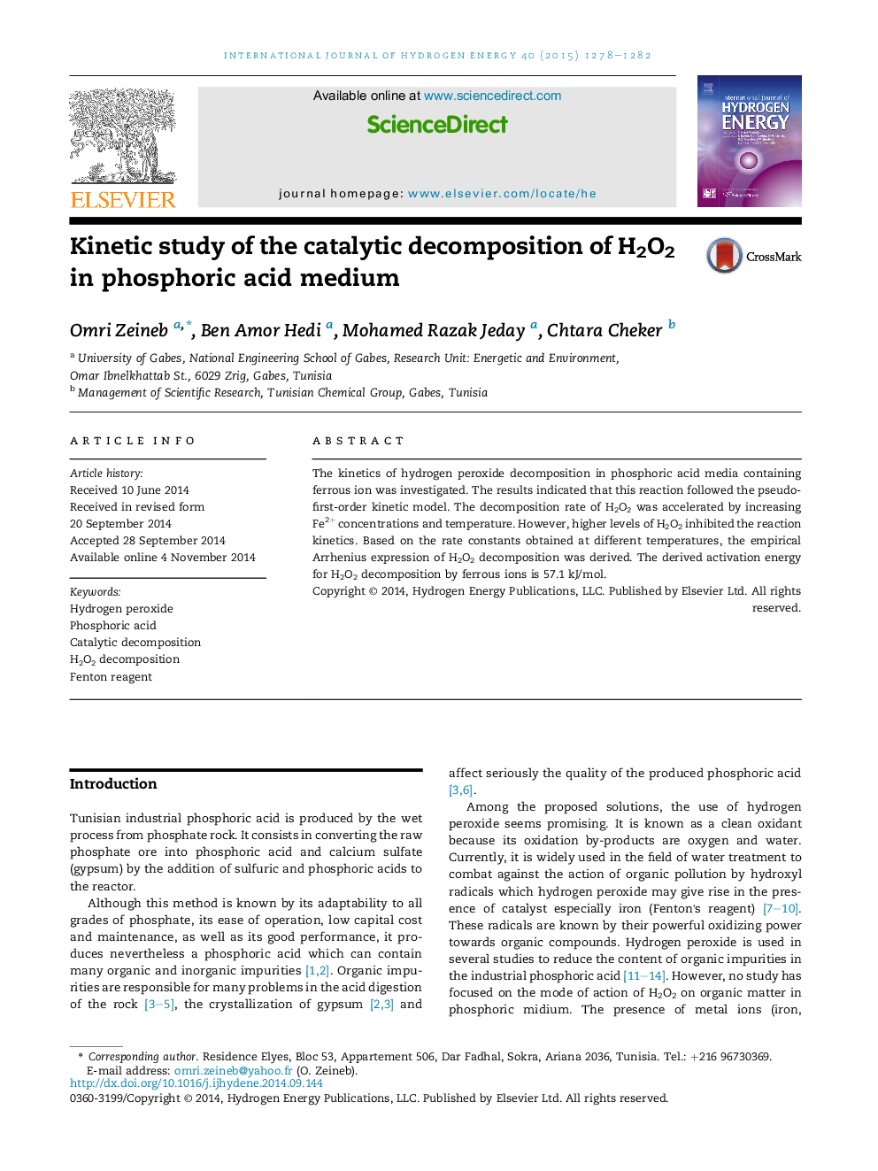 Kinetic study of the catalytic decomposition of H2O2 in phosphoric acid medium