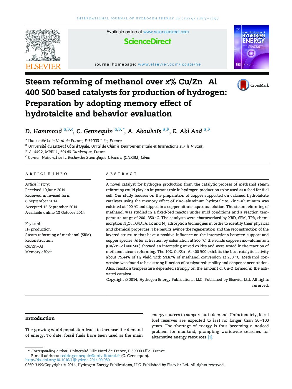 Steam reforming of methanol over x% Cu/Zn–Al 400 500 based catalysts for production of hydrogen: Preparation by adopting memory effect of hydrotalcite and behavior evaluation