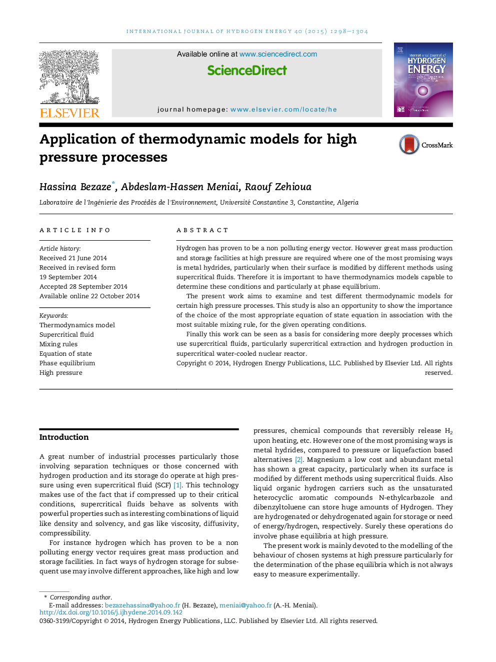 Application of thermodynamic models for high pressure processes