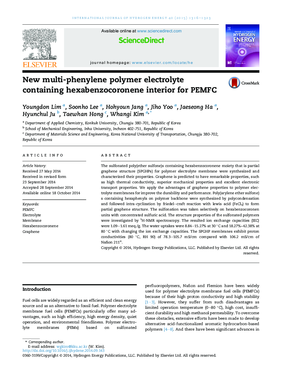 New multi-phenylene polymer electrolyte containing hexabenzocoronene interior for PEMFC