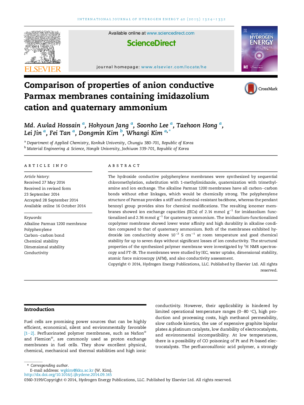 Comparison of properties of anion conductive Parmax membranes containing imidazolium cation and quaternary ammonium