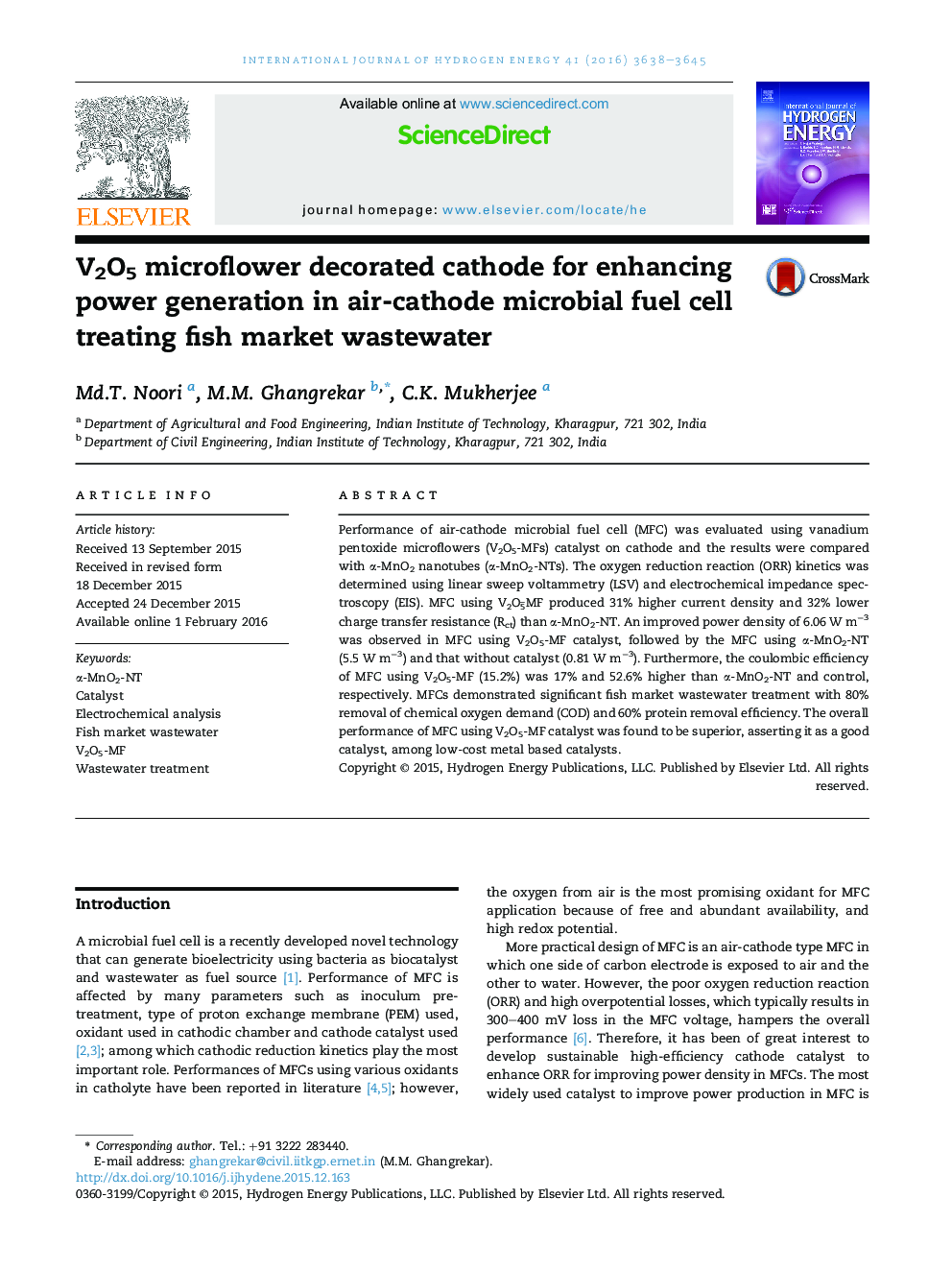 V2O5 microflower decorated cathode for enhancing power generation in air-cathode microbial fuel cell treating fish market wastewater