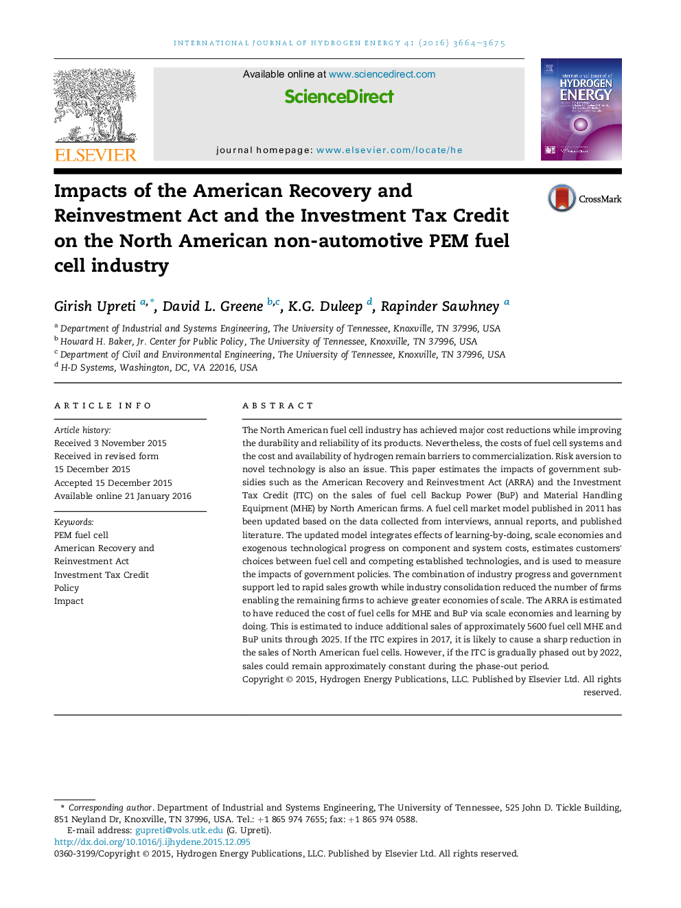 Impacts of the American Recovery and Reinvestment Act and the Investment Tax Credit on the North American non-automotive PEM fuel cell industry