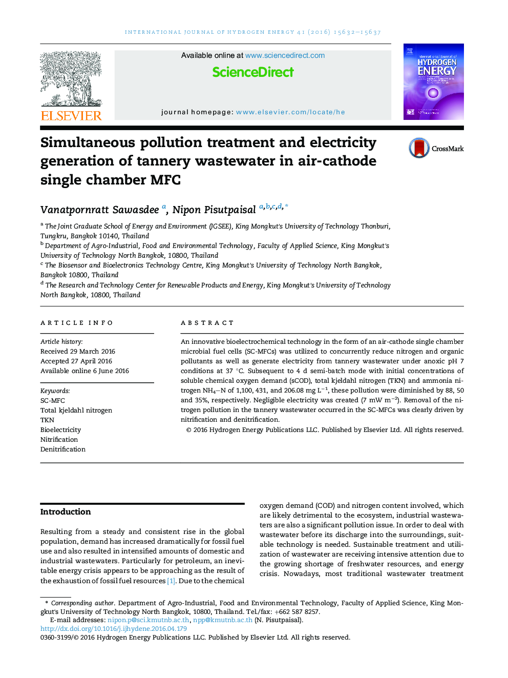 Simultaneous pollution treatment and electricity generation of tannery wastewater in air-cathode single chamber MFC