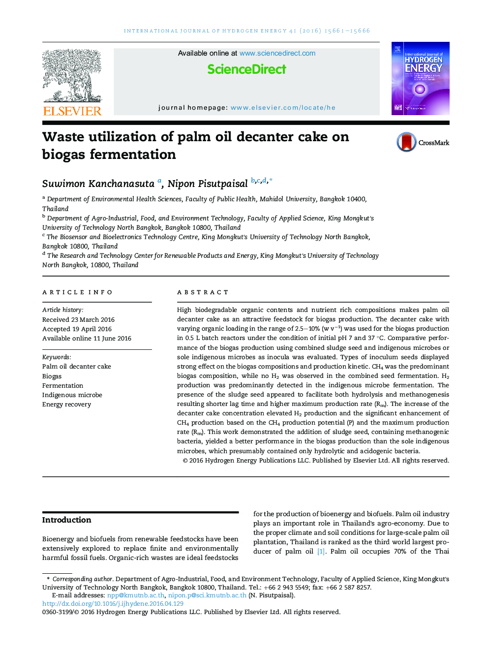 Waste utilization of palm oil decanter cake on biogas fermentation