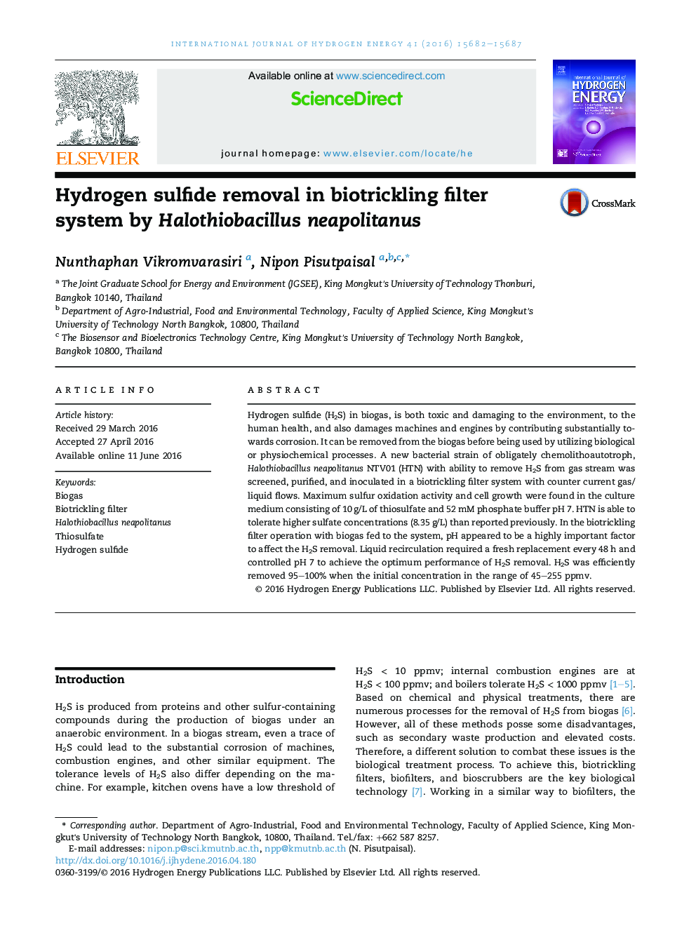 Hydrogen sulfide removal in biotrickling filter system by Halothiobacillus neapolitanus