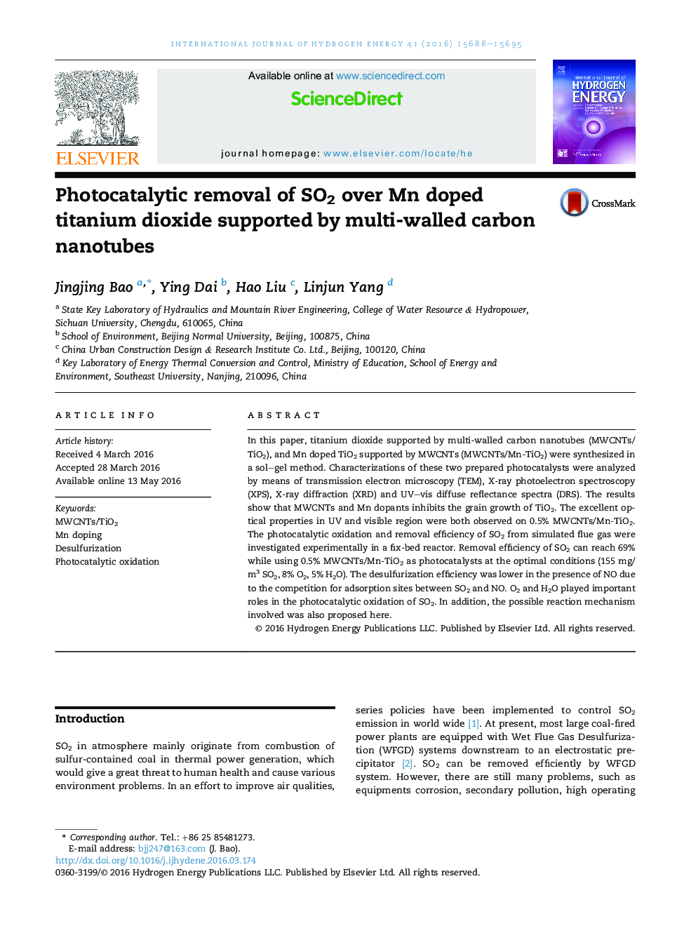 Photocatalytic removal of SO2 over Mn doped titanium dioxide supported by multi-walled carbon nanotubes