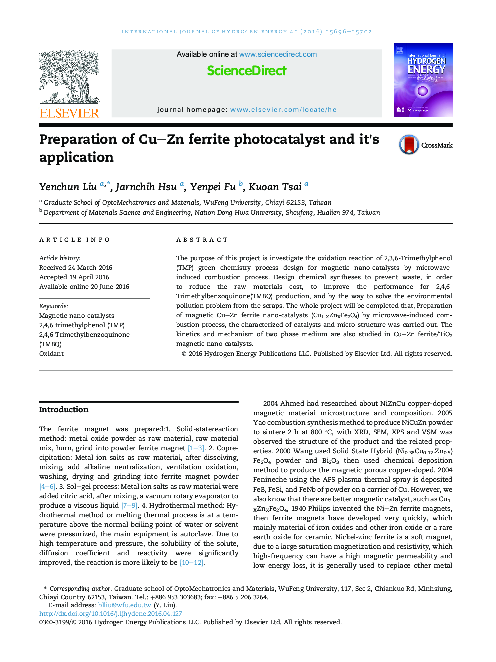 Preparation of Cu–Zn ferrite photocatalyst and it's application