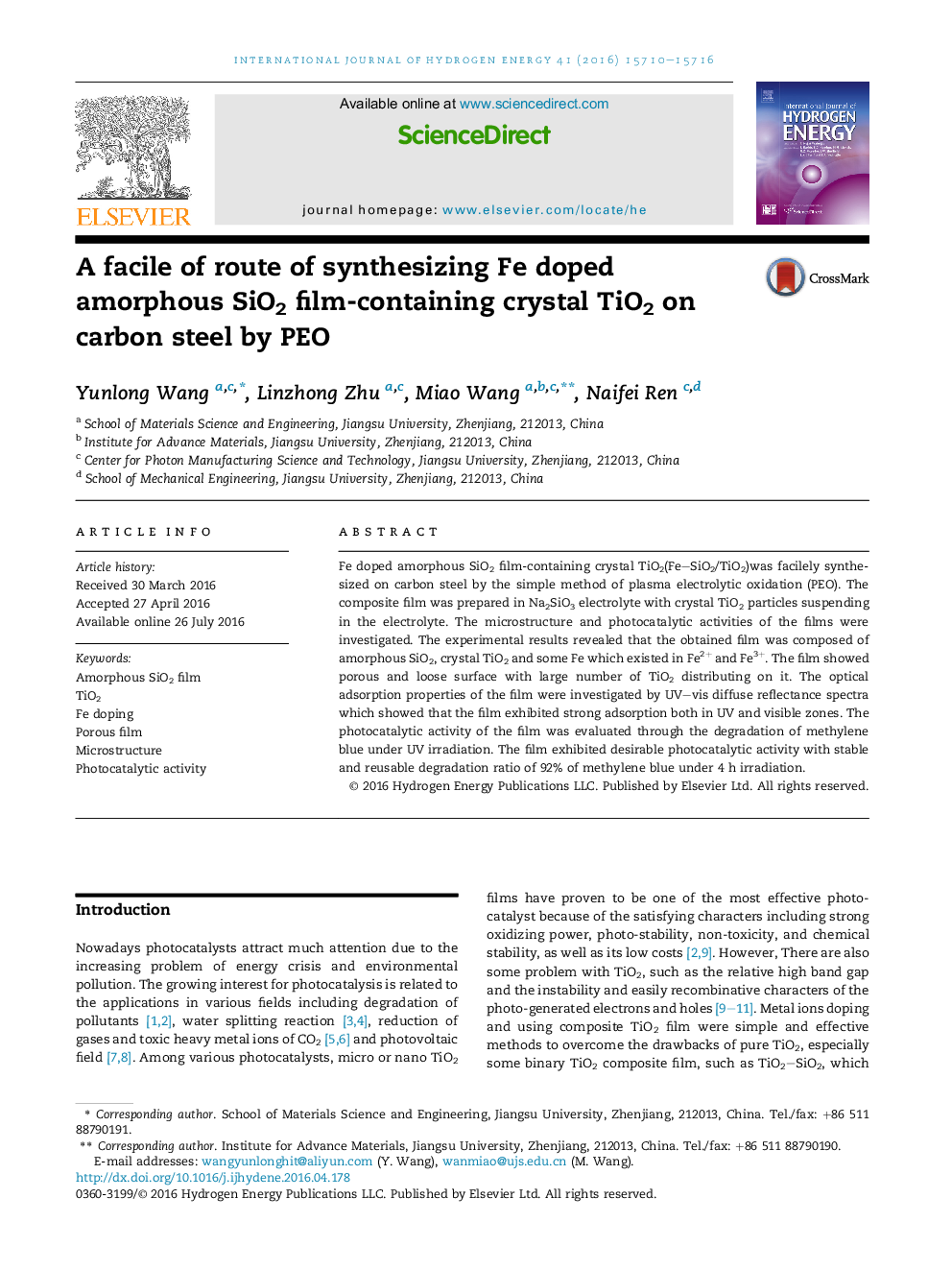 A facile of route of synthesizing Fe doped amorphous SiO2 film-containing crystal TiO2 on carbon steel by PEO