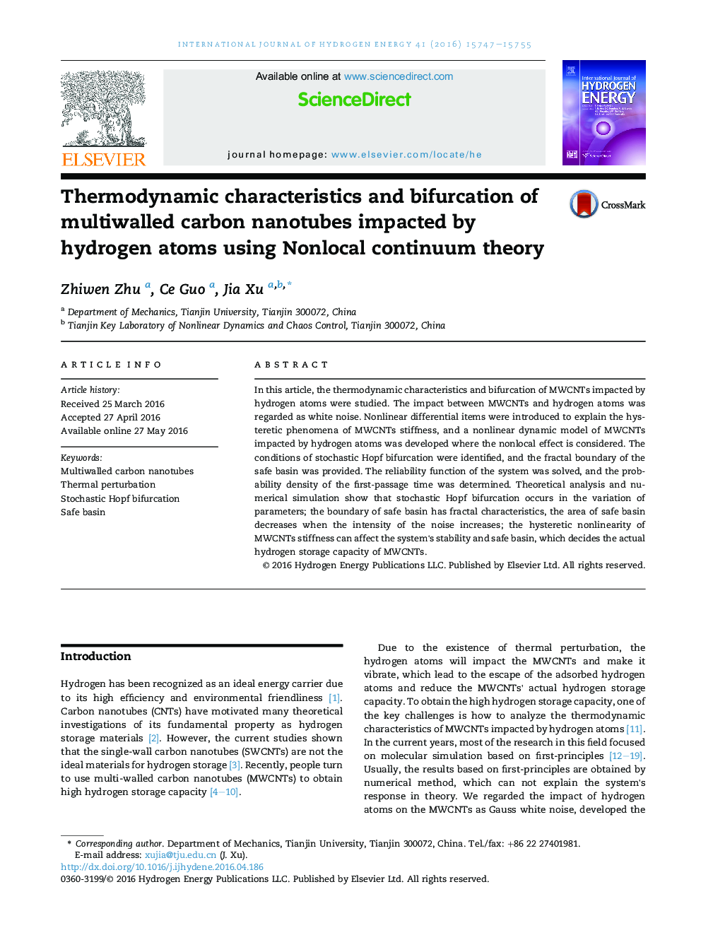 Thermodynamic characteristics and bifurcation of multiwalled carbon nanotubes impacted by hydrogen atoms using Nonlocal continuum theory