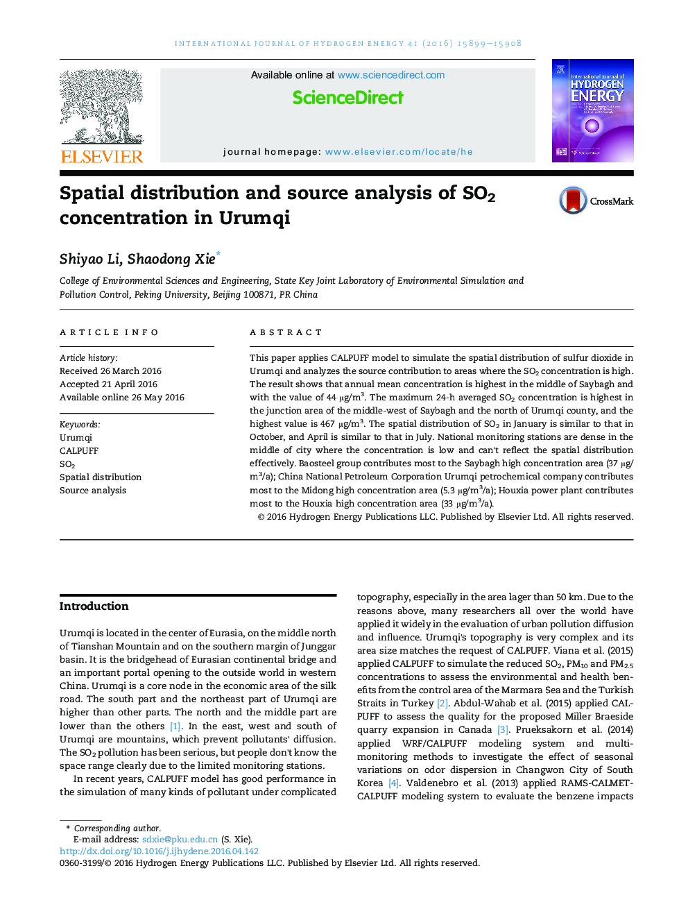 Spatial distribution and source analysis of SO2 concentration in Urumqi