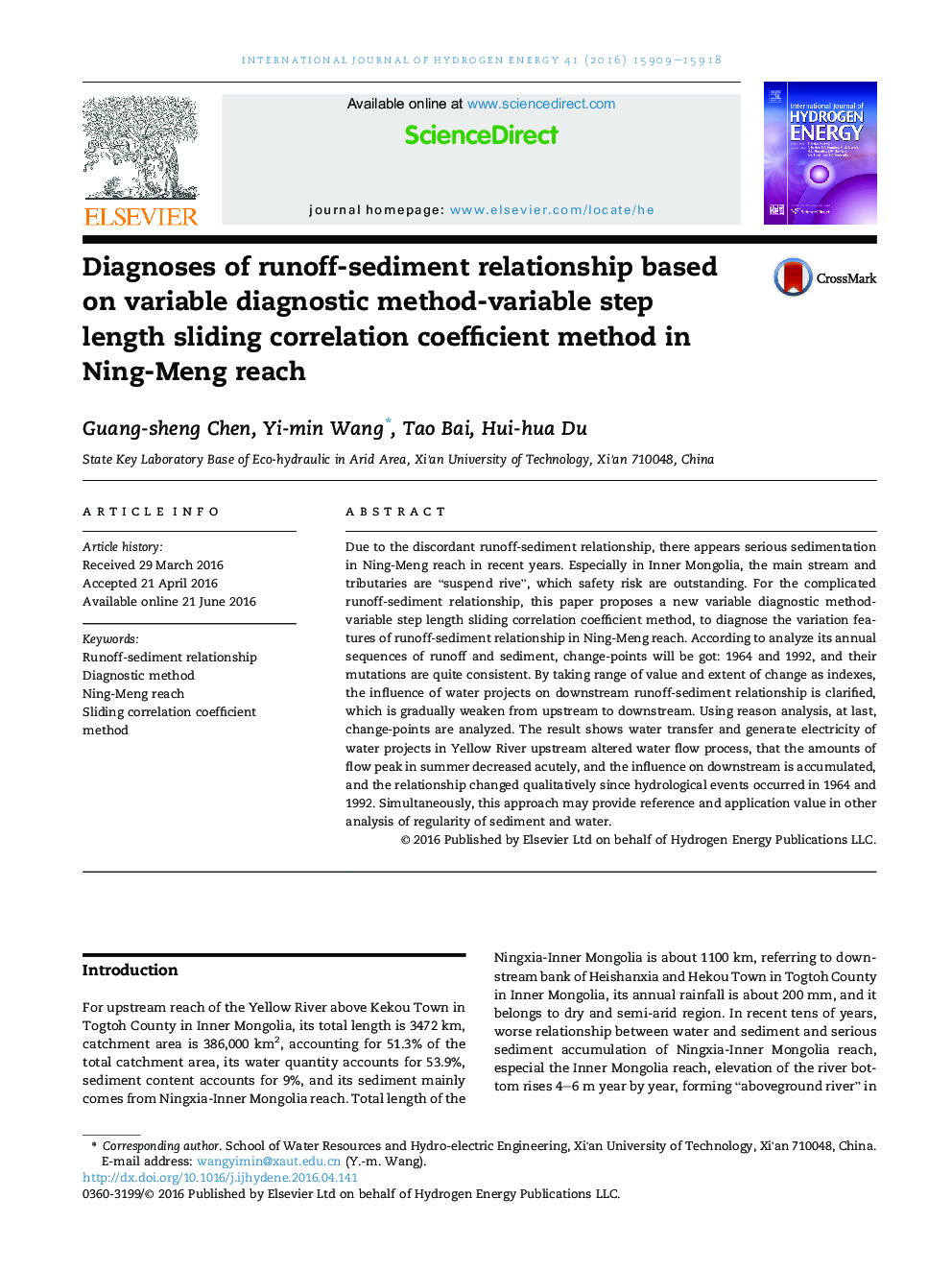 Diagnoses of runoff-sediment relationship based on variable diagnostic method-variable step length sliding correlation coefficient method in Ning-Meng reach