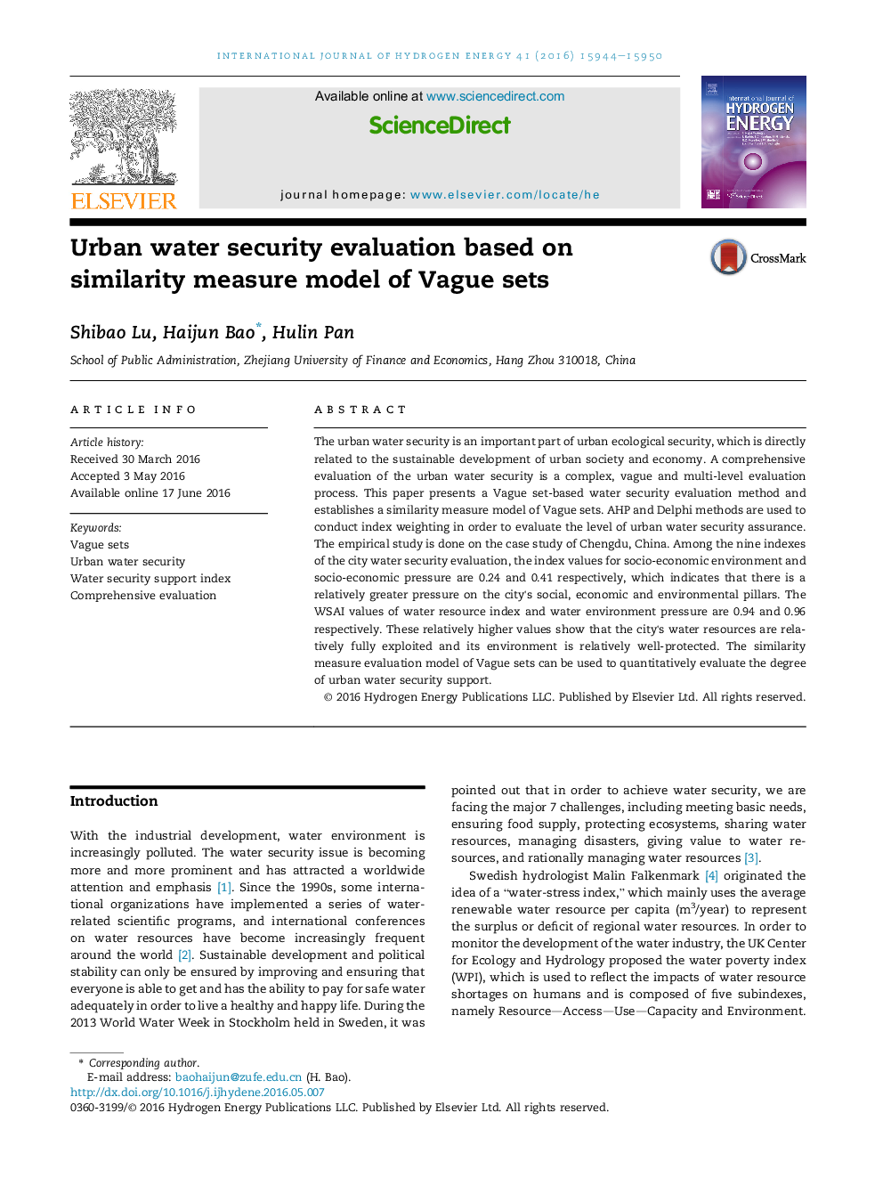 Urban water security evaluation based on similarity measure model of Vague sets